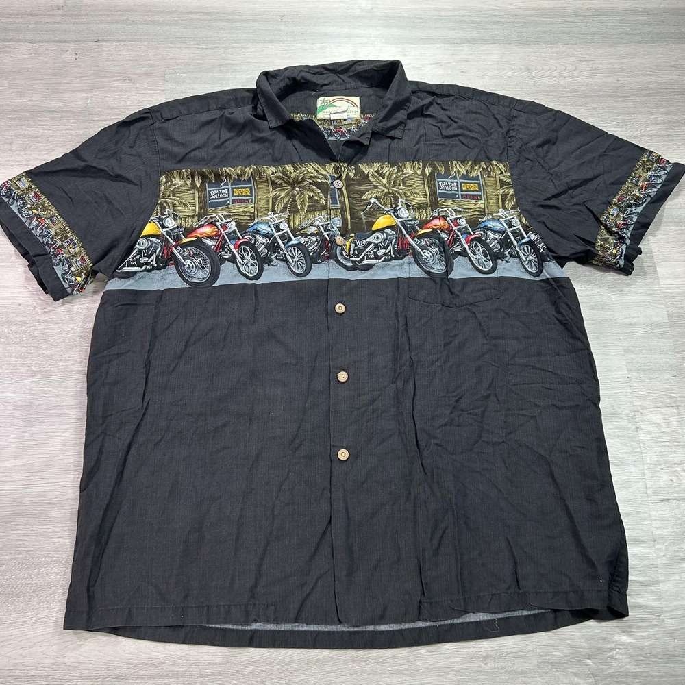 Paradise Found Shirt Mens XL Black Motorcycle Hawaiian Short Sleeve Button Up